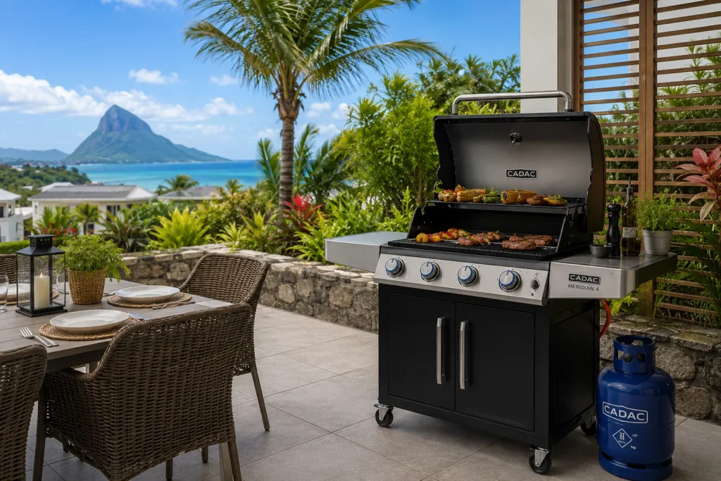CADAC outdoor gas BBQ on a patio overlooking the Mauritian coast