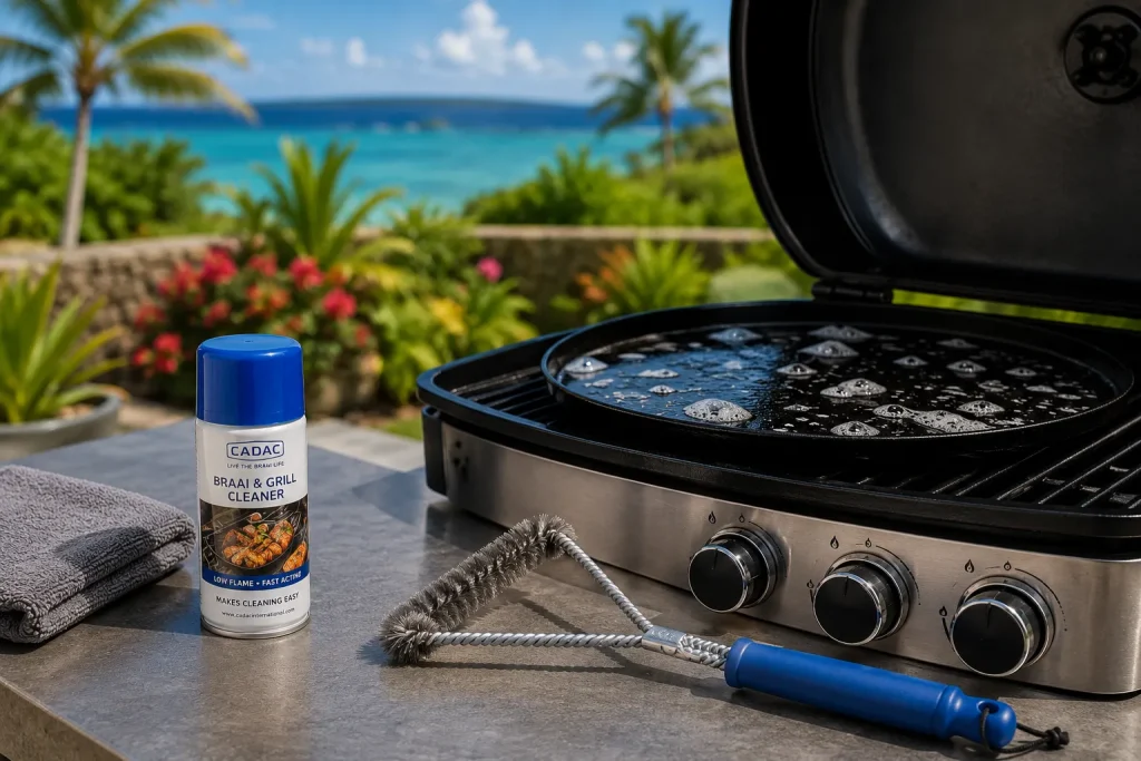 CADAC Braai & Grill Cleaner spray and BBQ cleaning brush next to an open gas barbecue during cleaning, with a tropical Mauritius garden in the background.