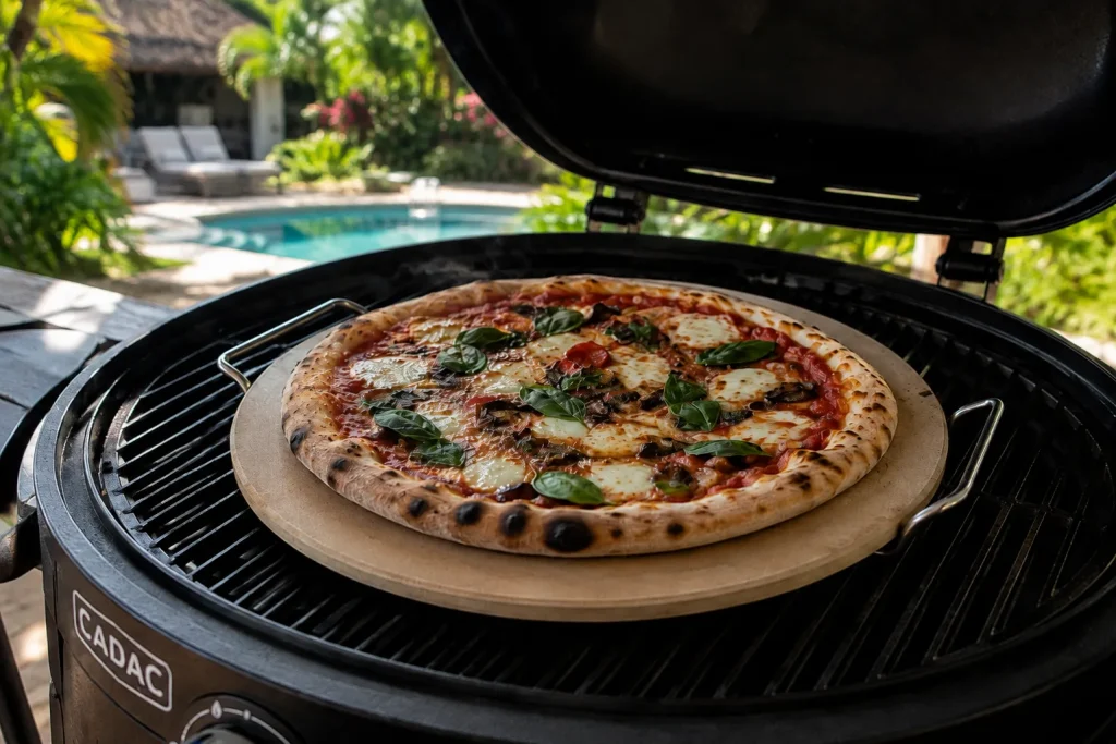 Pizza cooking on a BBQ pizza stone in an outdoor setting in Mauritius.