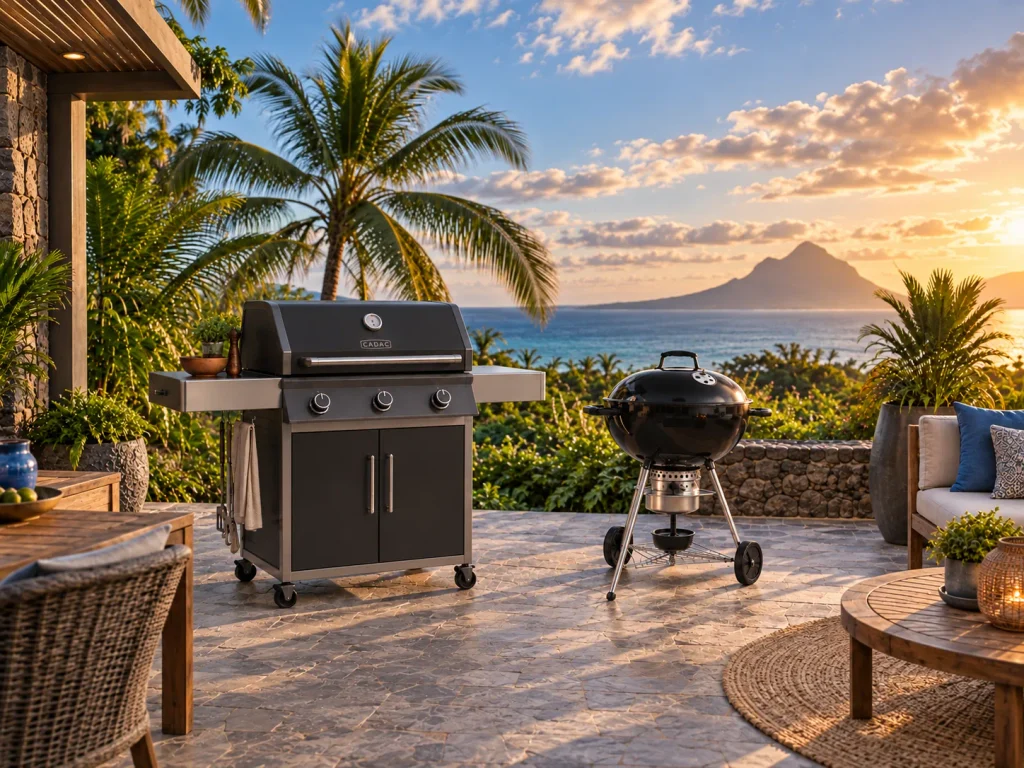 CADAC gas barbecue and charcoal barbecue on a tropical terrace in Mauritius